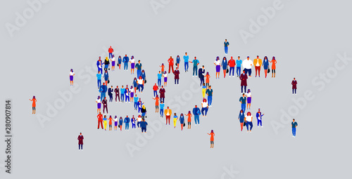 businesspeople crowd gathering in shape of bot word different business people employees group standing together social media community concept flat horizontal