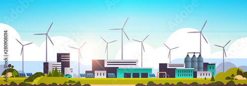 wind turbine solar panel alternative energy source factory building industrial plant power station clean nature ecology environment concept flat horizontal