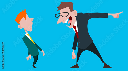 cartoon male boss yells at a subordinate employee