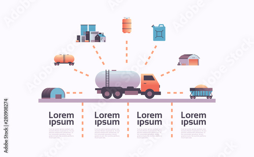 gas or oil tanker truck icon infographic template extraction production transportation oil industrial equipment concept flat horizontal copy space