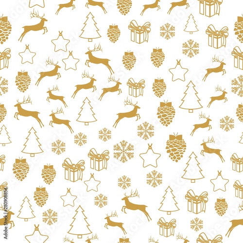 Merry Christmas Gold elements on white background. Seamless graphic pattern made with elements of zentangl and doodle. Wrapping paper illustration