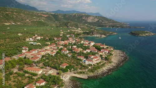 Aerial drone video from picturesque village of Kardamili in the heart of Messinian Mani, Peloponnese, Greece photo