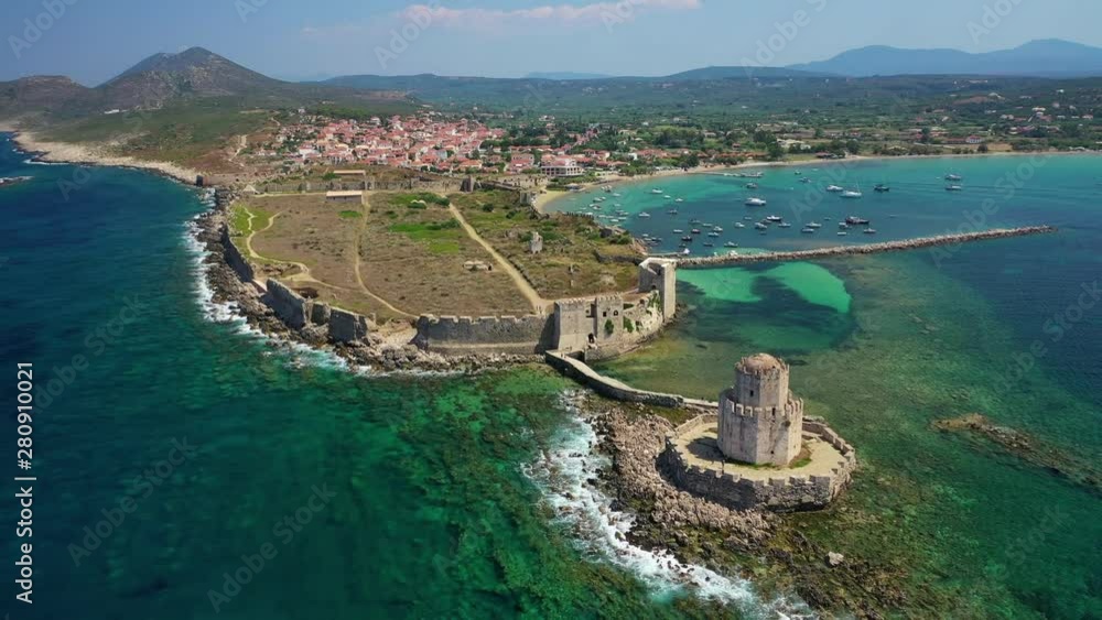 Aerial drone video of iconic and unique medieval castle and Bourtzi tower of Methoni in the heart of Messene, Peloponnese, Greece Aerial drone video of iconic and unique medieval castle and Bourtzi tower of Methoni in the heart of Messene, Peloponnese, Greece