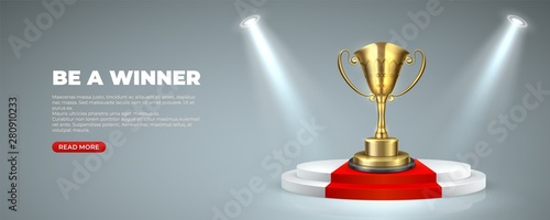 Business or sport award on Illuminated podium. Cup prize trophy on round stages with red carpet winner for victory. Vector illustration lighting scene on gray background