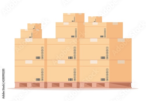 Carton box pallet. Flat warehouse cardboard packages stack, front view shipping parcels on storage. Vector isolated wooden pallets for fragile store parcels