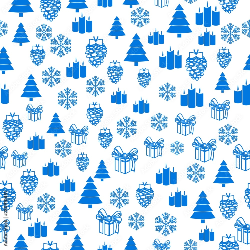 Plakat Merry Christmas Blue elements on white background. Seamless graphic pattern made with elements of zentangl and doodle. Wrapping paper illustration