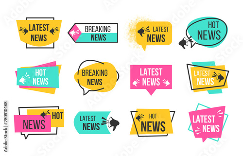 News badges. Newspaper and magazine braking latest and hot news stickers. Vector announcement geometric concept banners headline flat image photo