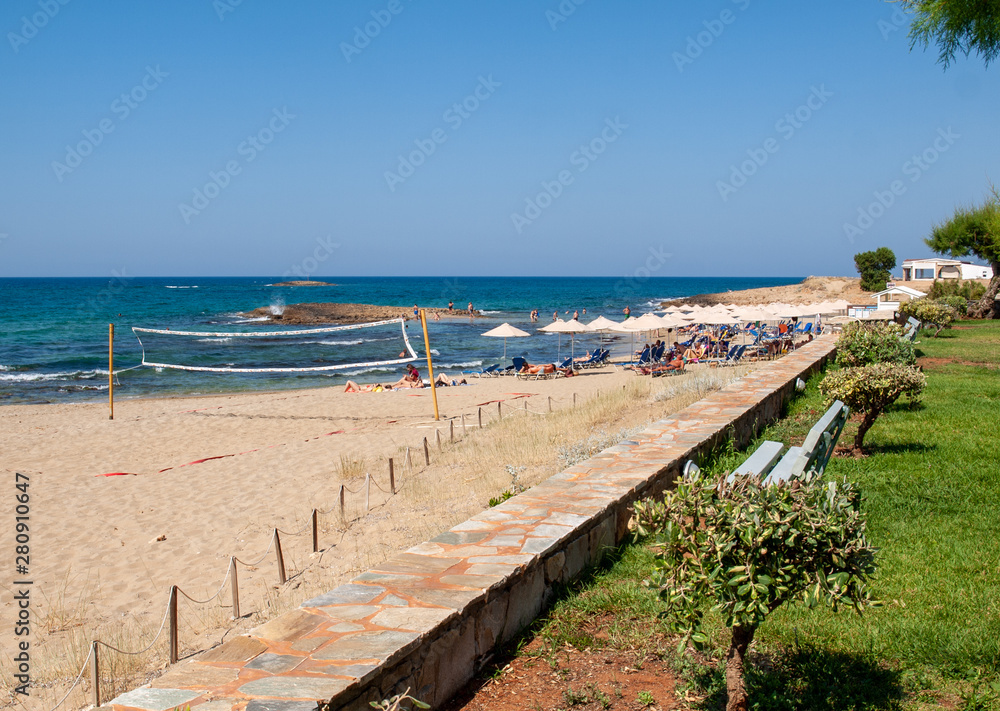   View of sandy beach in Malia on Crete, Greece