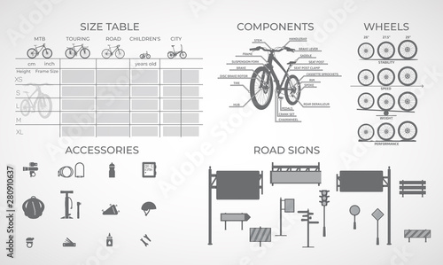 Bicycles of various types for a specific size and accessories.