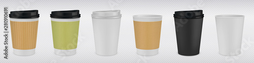 Realistic paper coffee cup. White and brown 3D mug mock up for hot drinks on transparent background. Vector illustration design black plastic tea cup