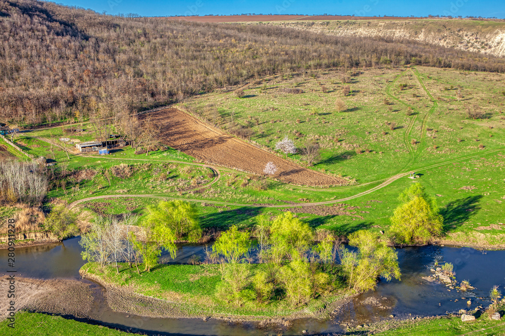 aerial view of green landscape  with little river 