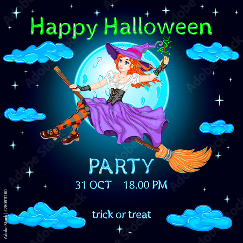 Redhead enchantress on a broom invites to a party