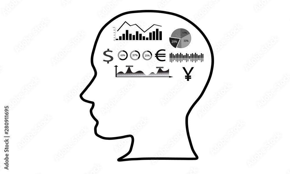 Human brain containing analytical charts and money symbols, copy space. Human brain containing analytical charts and money symbols, copy space.