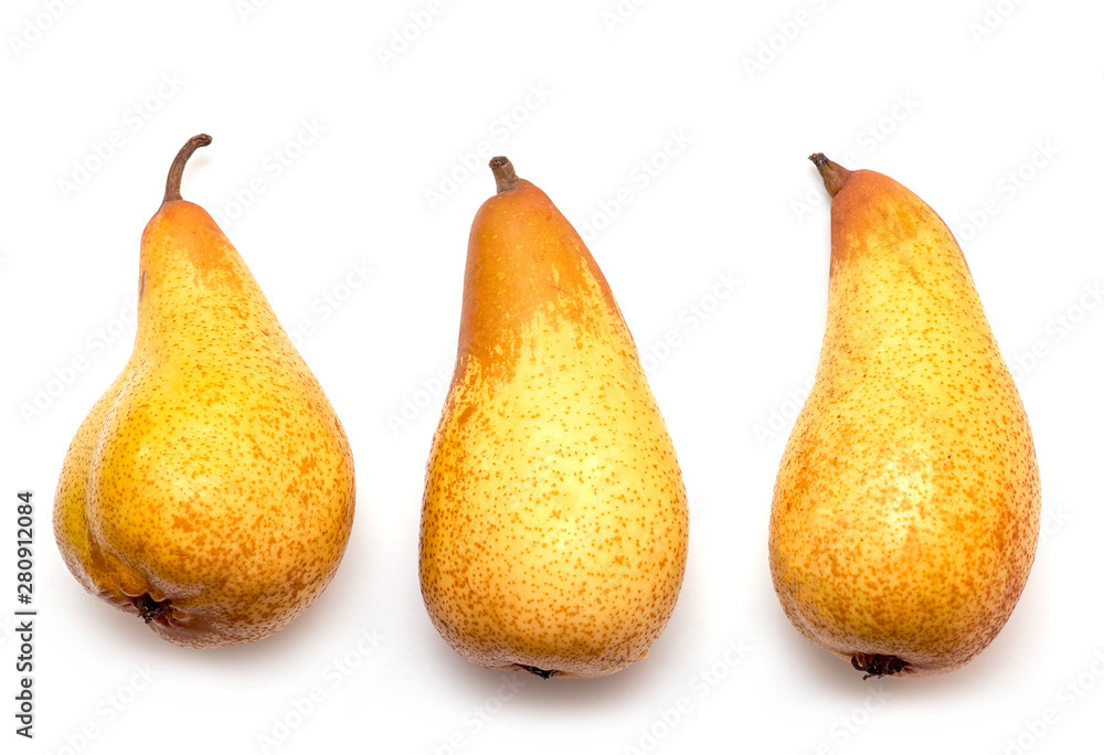 Three Yellow Pears isolated on white Background - top view. Row of raw juicy Fruits Pears Three Yellow Pears isolated on white Background - top view. Row of raw juicy Fruits Pears