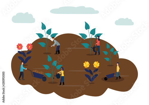 Agricultural work, people plant crops, water the crops, care for plants. Vector illustration in flat style.