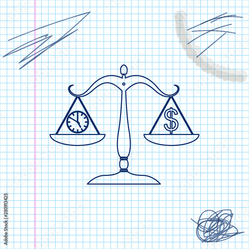 Scale weighing money and time line sketch icon isolated on white background. Scales with hours and a coin. Balance between work and the given time. Business concept. Vector Illustration