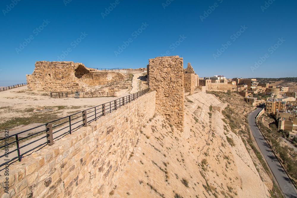 Kerak fortress wall on a sunny day, Al-Karak, Jordan, Middle East