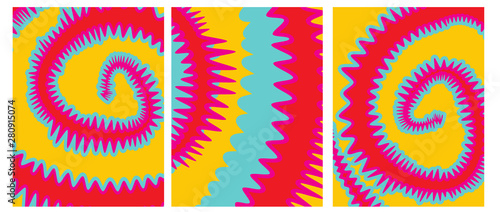 Set o 3 Tie Dye Vector Layouts. Yellow, Pink, Red and Blue Tie Dye Decorative Geometric Backgrounds for Cover, Printing. Vibrant Colors Abstract Hippie Style Design.