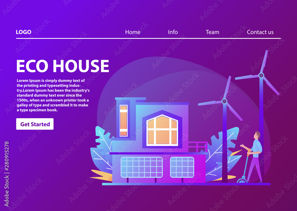Green energy an eco friendly traditional suburban american house. Solar, wind power.Family home.Townhouse building apartment.Landing page template.Flat vector.Home facade.Man character cartoon.