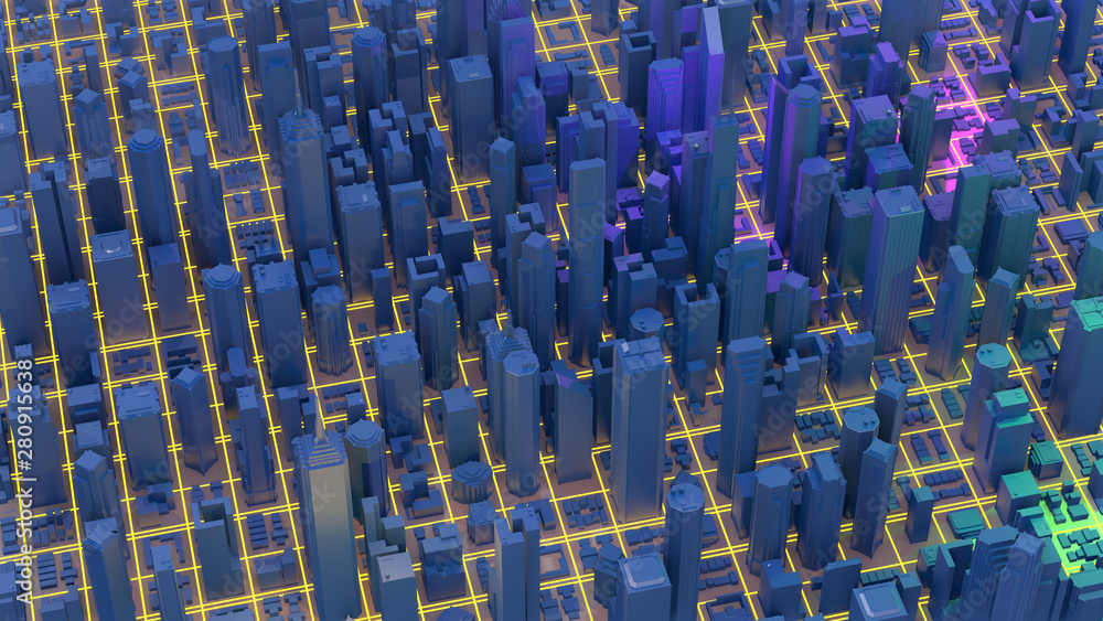 Fototapeta premium Digital 3d rendering city. Light trails symbolise data travelling in modern city.
