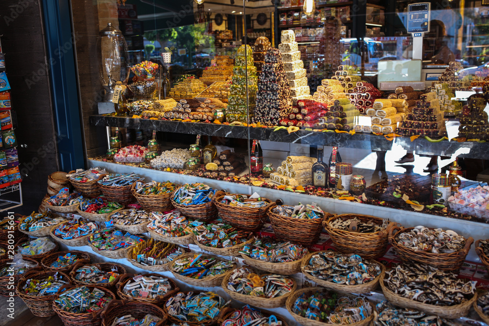 Turkish oriental sweets, tea and spices. Bazaar