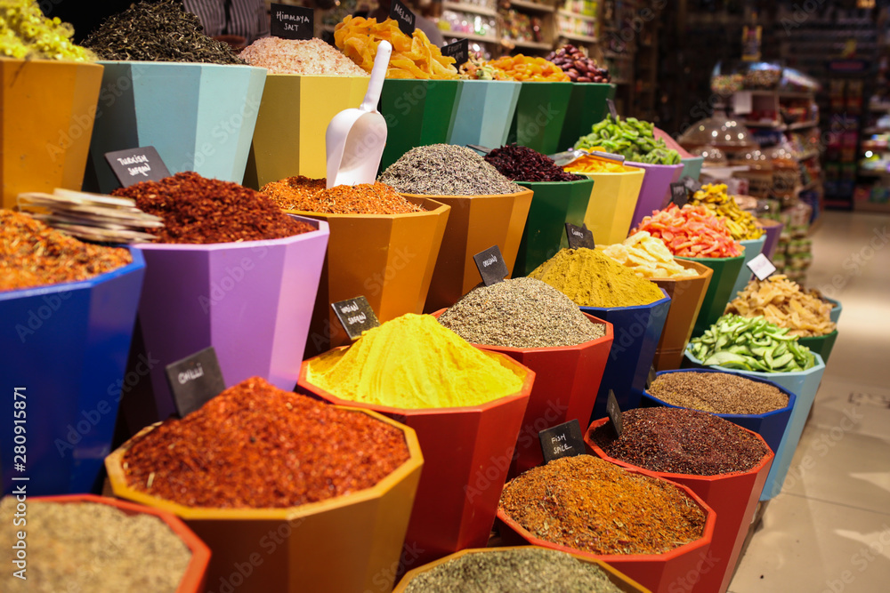 Fototapeta premium Turkish oriental sweets, tea and spices. Bazaar