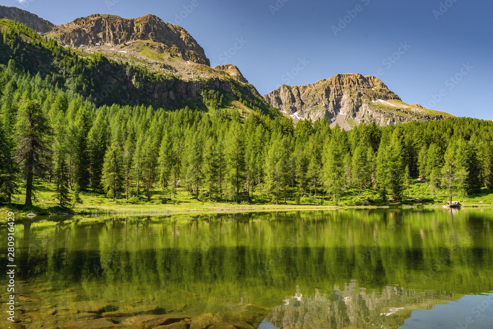 Idyllic Alps with green forest, lake and mountain