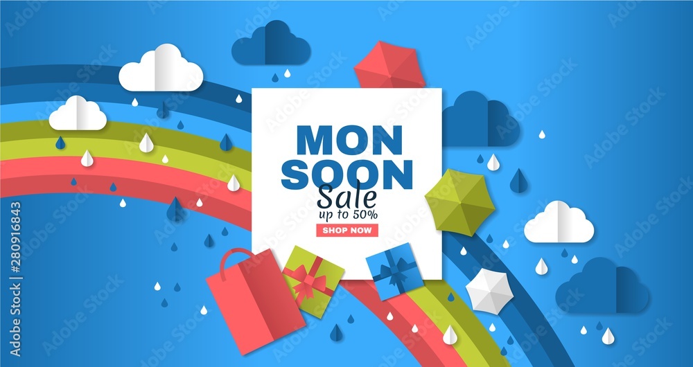 Sale Poster Of Monsoon Season. Creative Sale Banner with Colorful cloud, umbrella, gift box and package. web banner for special Monsoon Season sale. white frame with 3d paper cut icon decoration.