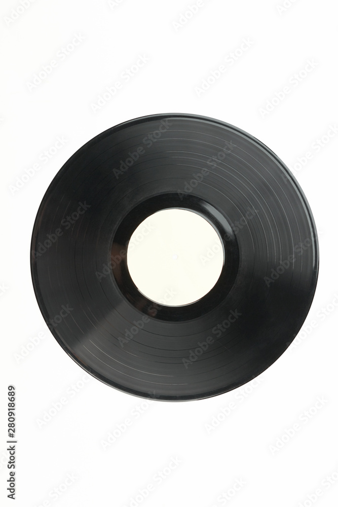 Fototapeta premium Vinyl record with white label. Black vinyl plate over white background, vertical image.