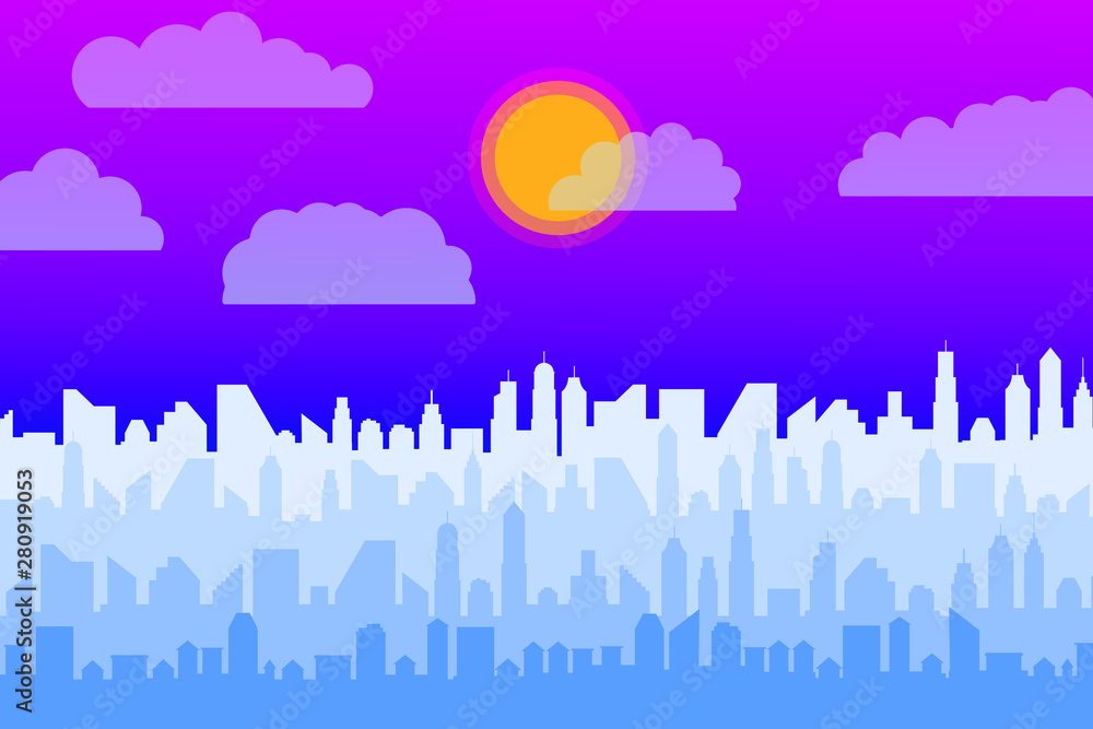 Urban Cityscape. Modern Skyline panorama flat style. Different buildings, skyscrapers, office center. Vector illustration