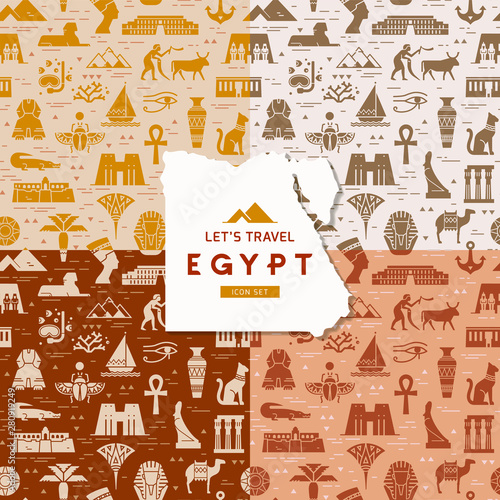 Set of four seamless patterns of symbols, landmarks, and signs of Egypt from icons
