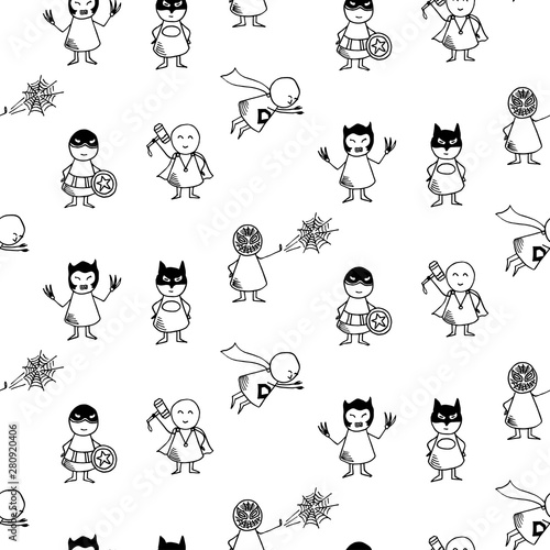 Funny people icons on whiteboard. Superhero kids boys and girls cartoon vector seamless pattern.