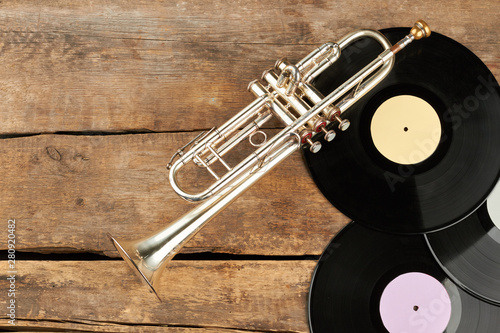 Canvas Print Musical equipment on old wooden surface