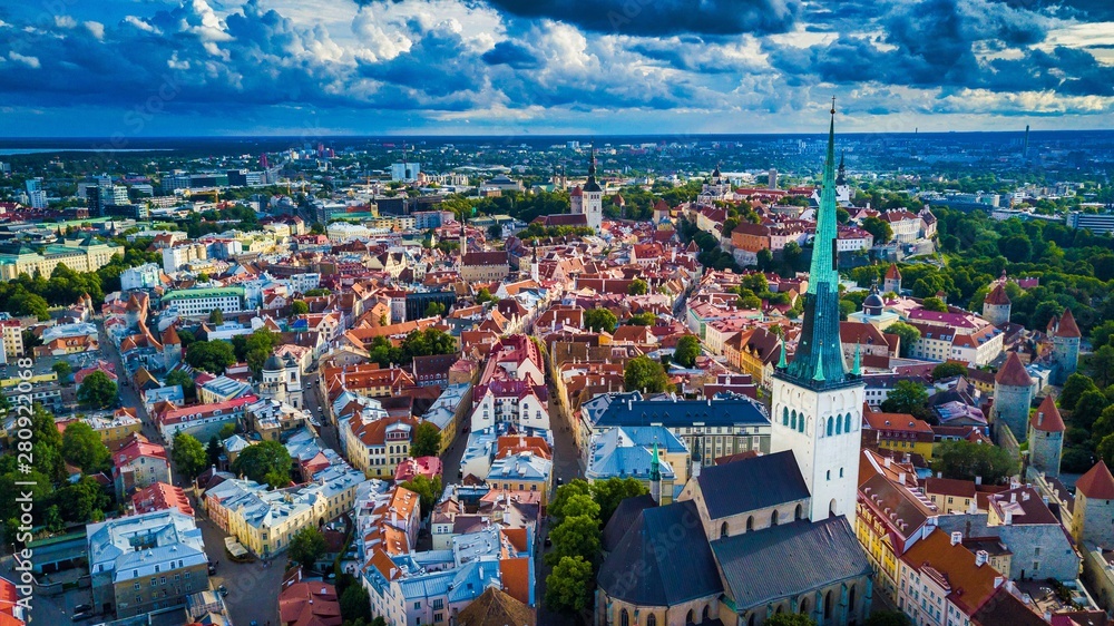 Tallinn old town aerial with the buildings and beautiful sky and a tower