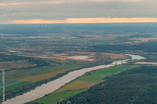 Top view of the river, fields, forest and village