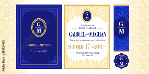 Navy dark deep blue template invitation with golden corner. Wedding greeting with vintage ornament. Printable elegant invite card. Damask beige vector lace. Monogram logo oval royal emblem. Vip event