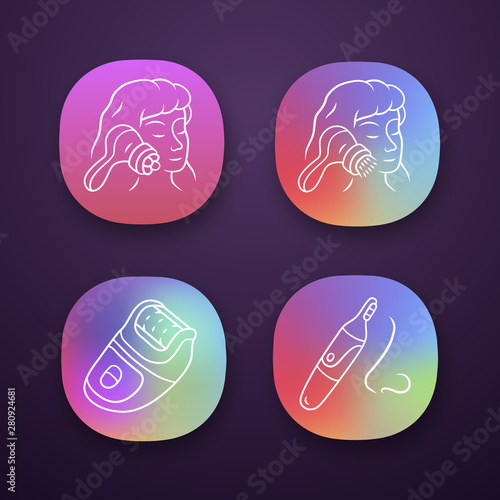 Beauty devices app icons set. Face massager, cleaning brush, epilator and nose hair trimmer. Beauty electric tools. UI/UX user interface. Web or mobile applications. Vector isolated illustrations