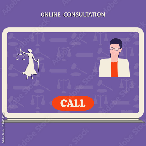 Legal online consultation - computer symbol, man in glasses, Themis, sword, scales of justice - purple background with legal symbols - vector.