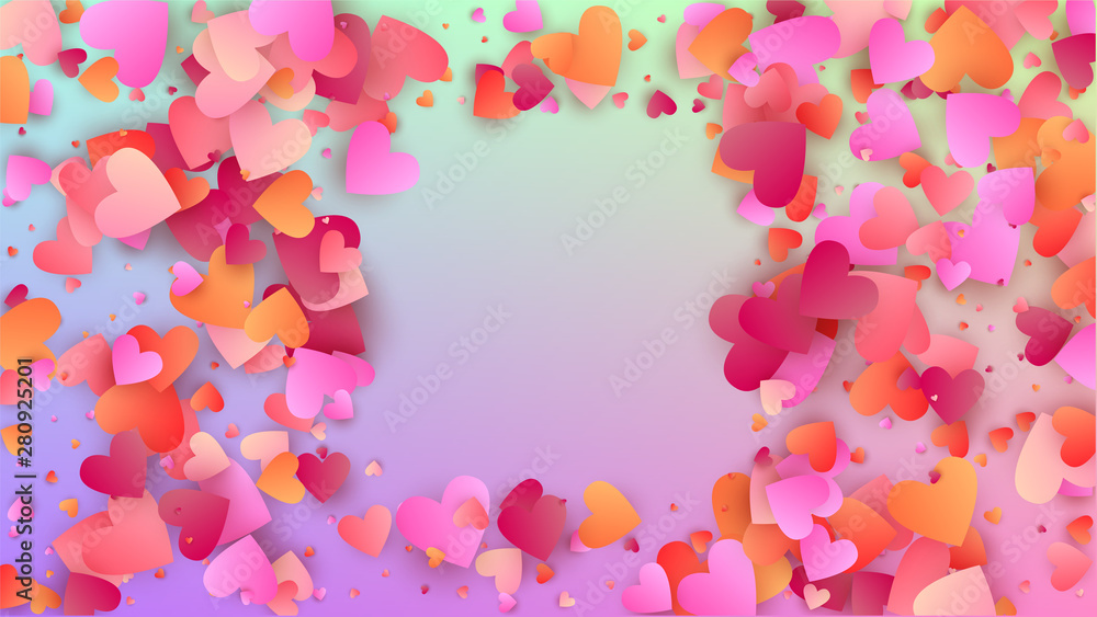 Love Background. Heart Confetti Pattern. Card Template. Many Random Falling Beautifull Hearts on Hologram Backdrop. Vector Love Background.