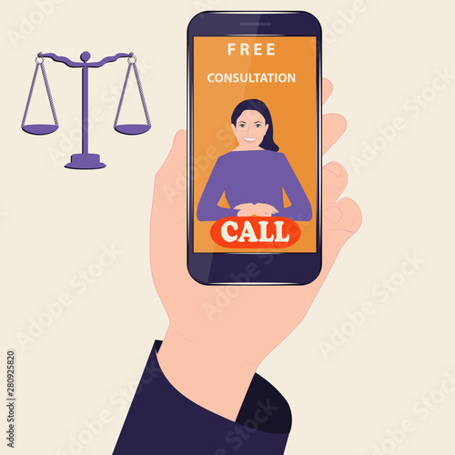 Legal free consultation - a smartphone in the male hand - on the screen a female lawyer - a purple-orange background - vector.