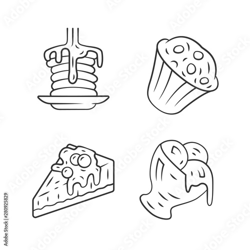 Desserts linear icons set. Pancakes, muffin, cheesecake, ice cream. Confectionery menu. Sweet food, confection dishes. Thin line contour symbols. Isolated vector outline illustrations. Editable stroke