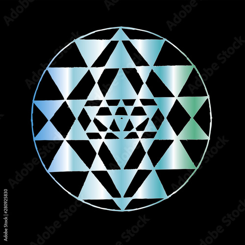 Color illustration of Shri Yantra. Triangles and concentration background. Tattoo idea.
