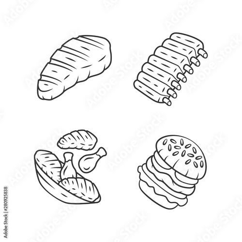 Meat dishes linear icons set. Steak, beef ribs, chicken legs, burger. Butcher shop product. Steakhouse menu. Thin line contour symbols. Isolated vector outline illustrations. Editable stroke