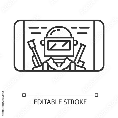 Mobile game linear icon. Shooter, battle royale smartphone game. Telephone screen with player. Cybersport, esport app. Thin line illustration. Contour vector isolated outline drawing. Editable stroke