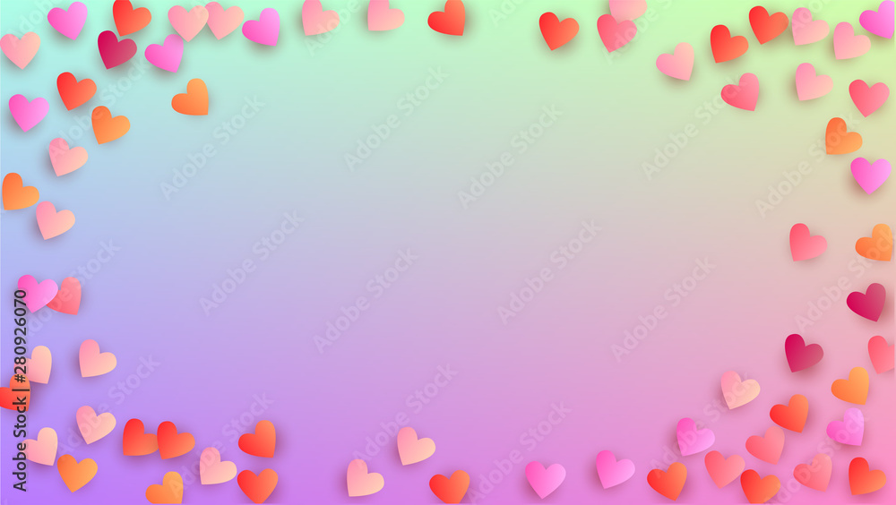 Wedding Background. Many Random Falling Pink Hearts on Hologram Backdrop. Invitation Template. Heart Confetti Pattern. Vector Wedding Background.
