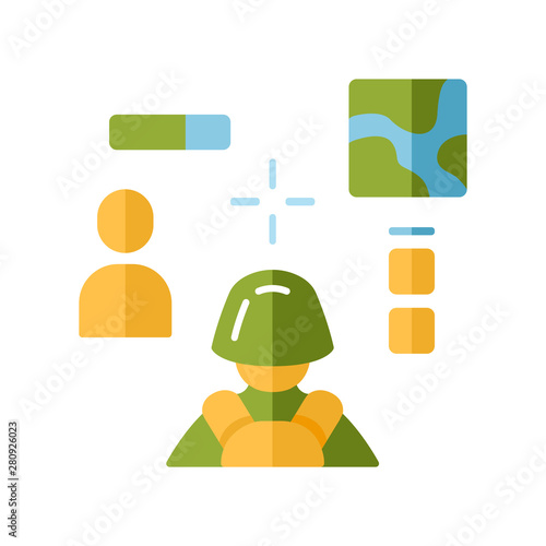 3d shooter flat design long shadow color icon. Virtual video game. Online multiplayer. Battle royale. Cybersport, esport competition, mission. Computer game interface. Vector silhouette illustration