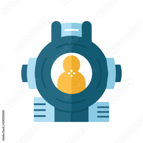 Shooting aim flat design long shadow color icon. Virtual video game process. Shooter from first person. Killer target. Sniper aim, gun crosshair. Riffle, firearm target, focus. Vector illustration photo