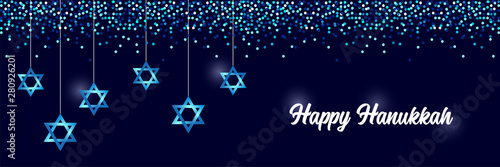 Luxury Festive Happy Hanukkah horizontal background with sparkles and glittering effect and lettering
