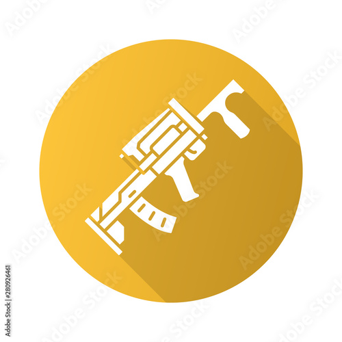 Groza weapon flat design long shadow glyph icon. Virtual video game firearm, gun. Shooter game rifle, blaster. Kids toy. Esport sniper military inventory, equipment. Vector silhouette illustration