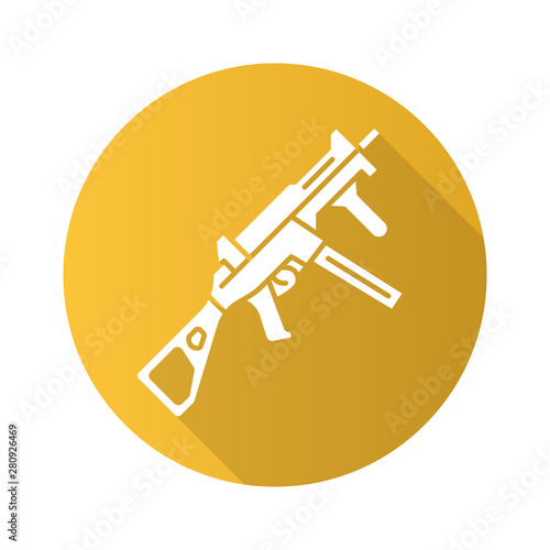 HK UMP weapon flat design long shadow glyph icon. Virtual video game firearm, gun. Shooter game rifle, blaster. Cybersport, esport sniper military inventory, equipment. Vector silhouette illustration